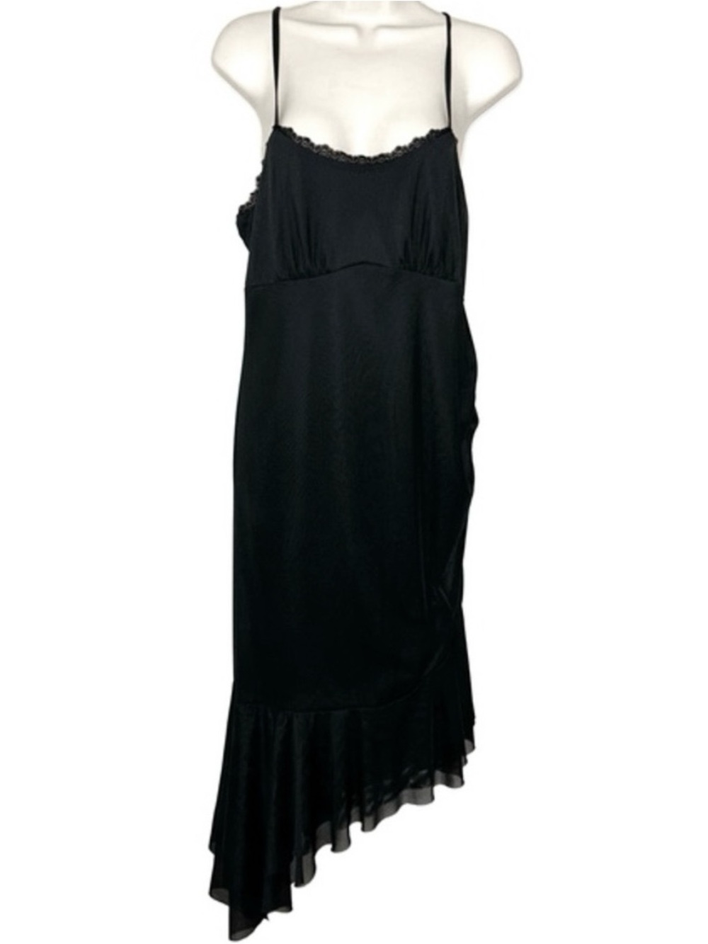 Black Asymmetric Slip Dress with Lace Trim
